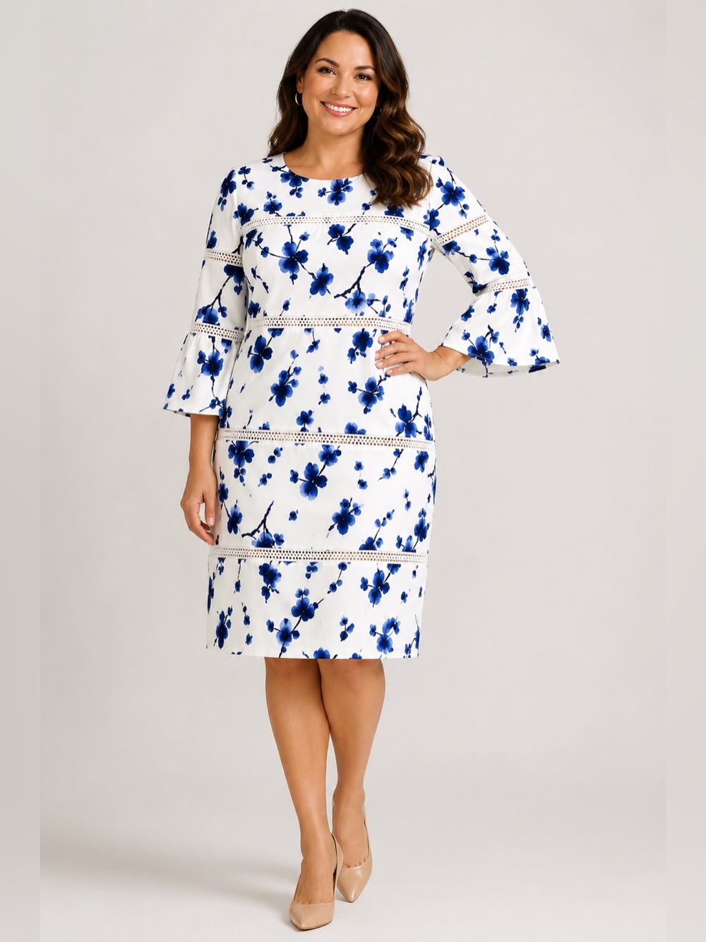 NWT Lauren Ralph Lauren White Blue Floral Bell Sleeve Sheath Dress Size 14